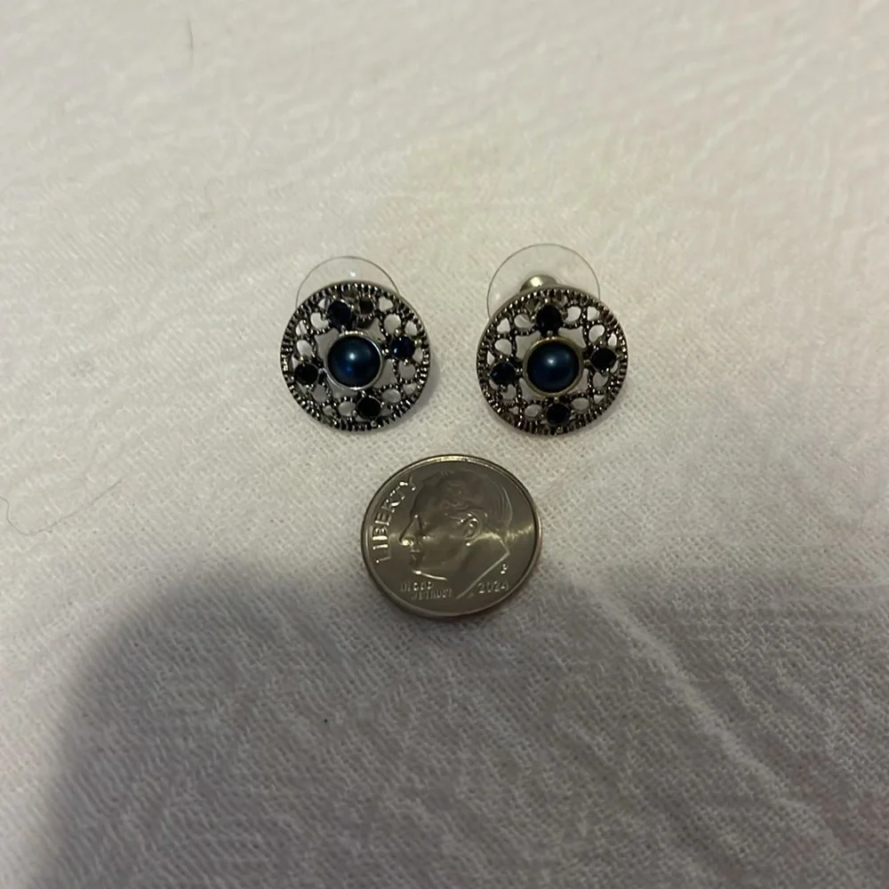 Blue earrings, costume jewelry, tarnished.